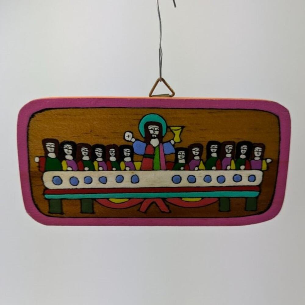 Vtg Wooden Last Supper Christmas Ornament Religious Decor El Salvador Handmade